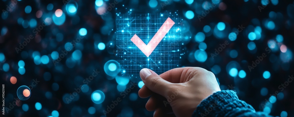 Aufkleber mans hand pressing verification check symbol, digital files, documents, and holograms, modern techno