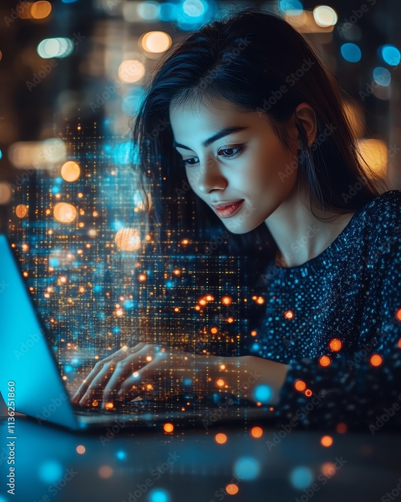 Poster remote work and digital networking concept, woman using a laptop with ai technology, social media ma