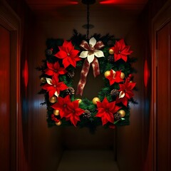 Christmas Door Wreath Decorated with Red Flowers and Green Leaves, Holiday Entrance Decor