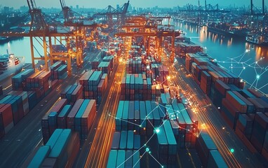 Technology interface for global business logistics, connecting international partners through a digital network, futuristic global connection concept