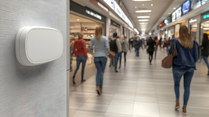 Blank white sign on wall in busy shopping mall hallway.