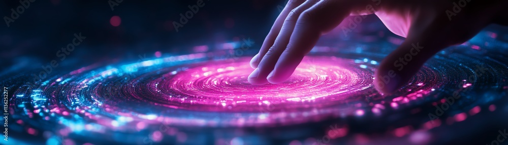 Leinwandbilder Verification mark touched by a man s hand, surrounded by digital files and holographic documents, technology background with ample copy space
