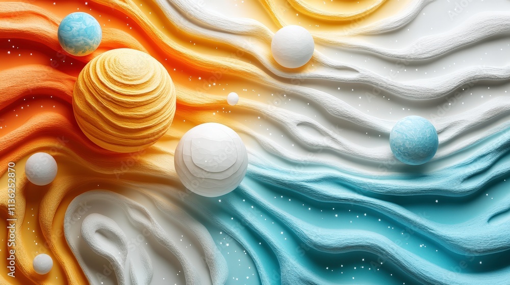 Poster abstract solar system with colorful planets floating in fluid waves of orange and blue, creating an 