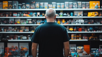 Fototapeta premium A person stands in front of a colorful shelf filled with various collectibles and items, engaged in contemplation or nostalgia.