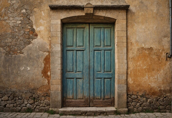 Rustic blue wooden doors stand against a weathered stone wall