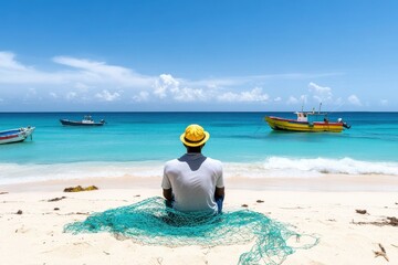 Obraz premium A serene beach scene featuring a person in a yellow hat sitting on the sand, surrounded by fishing nets and colorful boats on turquoise waters.