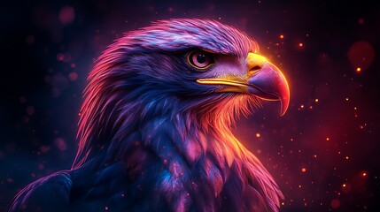 Abstract neon glowing eagle head outline against a modern vivid gradient background