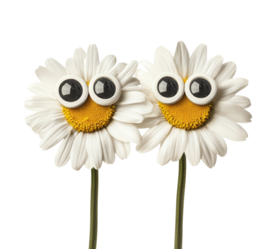 Playful daisy flowers with googly eyes nature photography studio close-up whimsical concept