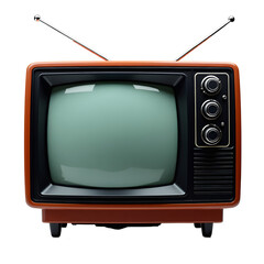 Front view of a retro television set with static on the screen isolated on a white transparent background.