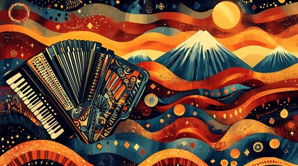 Majestic Accordion Guitar Sunlit Vibrant Colorful Fantasy Scenic Art Illustration