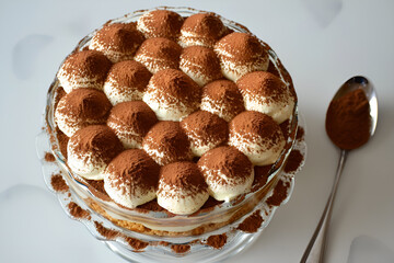 Tradycyjny deser tiramisu w szklanym naczyniu, udekorowany warstwą kremu mascarpone i posypką z kakao. 