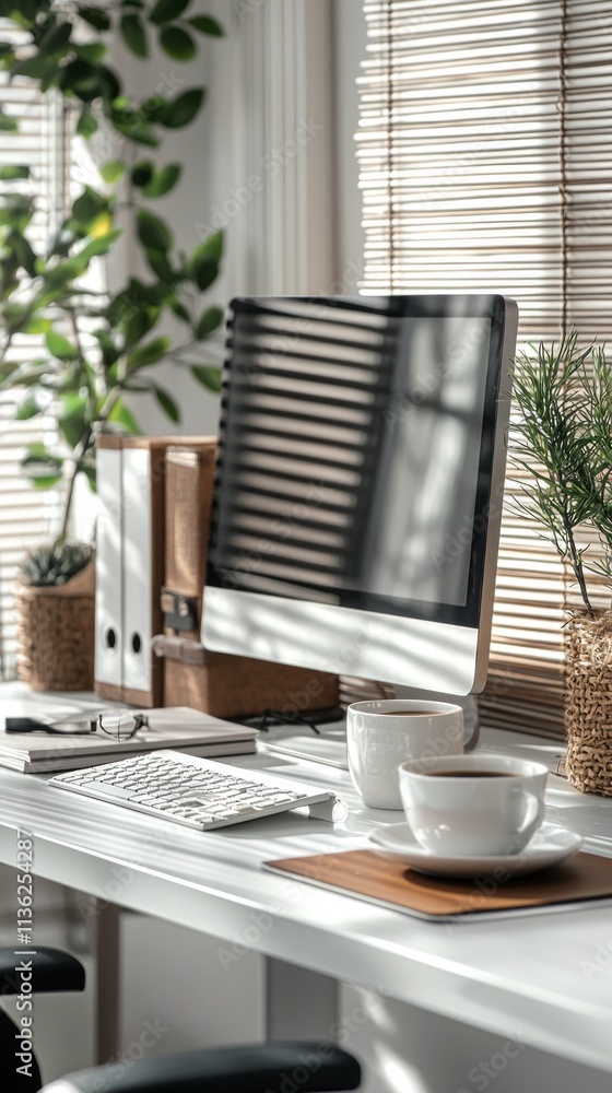 Poster A computer monitor sits on a desk with a keyboard and a cup of coffee. The color of the year Mocha Mousse