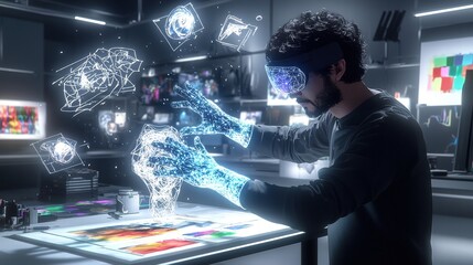 A detailed representation of a digital art studio, featuring an artist manipulating a glowing 3D model using augmented reality gloves. The workspace is surrounded by holographic sketches, dynamic 