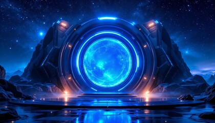Futuristic Portal Opening Event Alien Landscape Digital Art Cosmic Environment Wide Angle Interstellar Journey