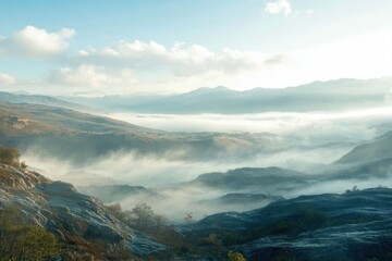 Fototapeta premium Serene misty mountain landscape at sunrise for nature inspiration