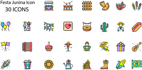 Set of Festa Junina icons. Line art style icons bundle. vector illustration