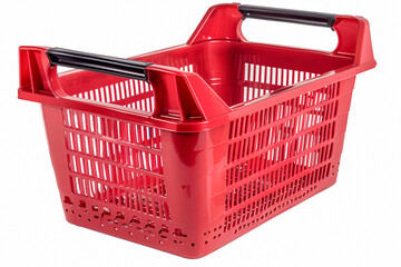 Czerwony plastikowy koszyk na zakupy z czarnymi uchwytami, sfotografowany na białym tle.