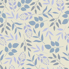 Floral Seamless Pattern. Allover Foliage Surface Design of Monochromatic Blue Leaves