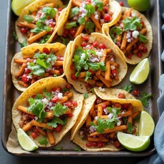 Street-Style Tacos with Cilantro and Lime on Serving Tray