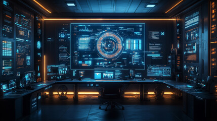 Visual representation of augmented reality concepts in a high-tech workspace with advanced display screens