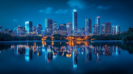 Fototapeta premium Night View of Austin, Texas Skyline Reflected in Water