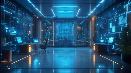 Futuristic augmented reality workspace with glowing data displays and sleek design