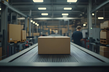 Cardboard box on conveyor belt in factory.