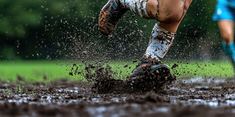 close up action shot of female soccer player kicking muddy ball, showcasing intensity of game and splashes of mud flying around
