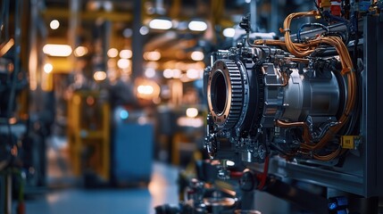 Fototapeta premium An industrial engine setup in a factory illuminated by soft lighting
