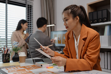 creative planning phone app development template layout, User experience concept, website designer, develop team UX designer working on smartphone application in the office