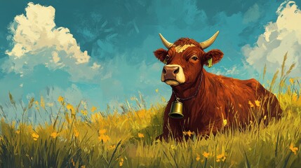 Brown Cow in a Sunny Meadow with Blue Sky