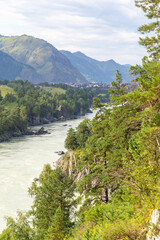 Katun river in Chemal village. Chemal village, Altai republic, Russia