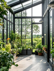 A bright greenhouse filled with various plants and flowers, showcasing a serene garden space.