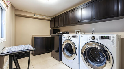 A modern laundry room featuring appliances and cabinetry for household tasks.