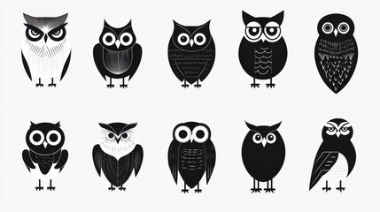 Collection of Stylized Black and White Owl Illustrations for Design