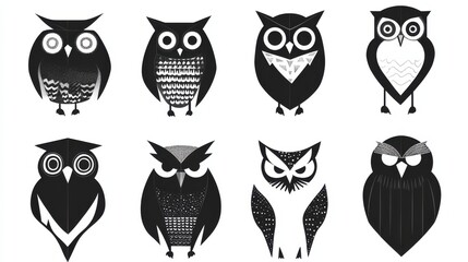 Collection of Diverse Owl Illustrations in Black and White Style