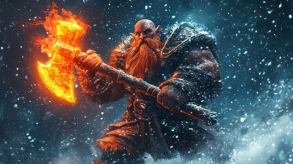 Fiery Axe Wielding Dwarf Warrior in a Blizzard
