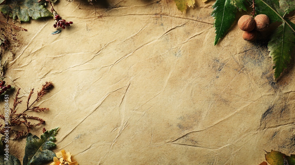 Poster autumn leaves and nuts framing vintage paper background creating copy space