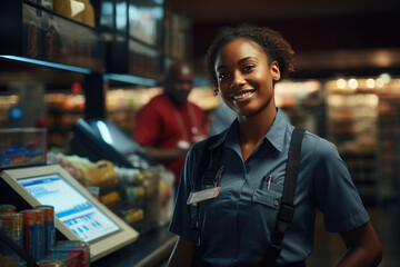 Fototapeta premium Happy African girl near the terminal. Buying groceries goods in a supermarket or store. Self-service checkout