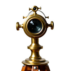 Front view of a vintage brass telescope with extendable lenses isolated on a white transparent background.