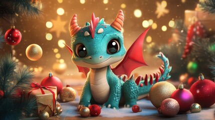 Cute Fantasy Dragon with Christmas Ornaments and Holiday Decor
