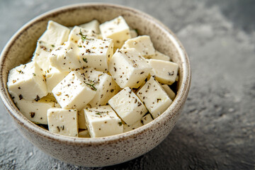 Cubes of fresh cheese sprinkled with herbs in a rustic bowl on a dark surface