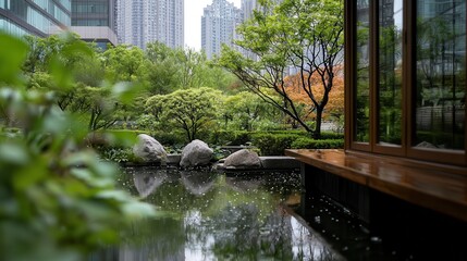 Obraz premium A tranquil Asian garden surrounded by skyscrapers in the background