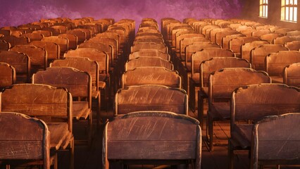 Rows of Vintage Wooden School Desks in Old Classroom