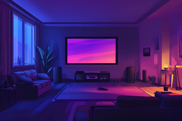 A cozy living room with a large screen, soft lighting, and modern furniture.