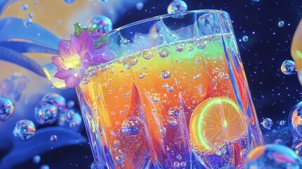 A fantasy-themed illustration of a glowing cocktail with iridescent layers, served in a crystal glass. The drink is garnished with edible flowers and a slice of neon lemon, while bubbles rise, 