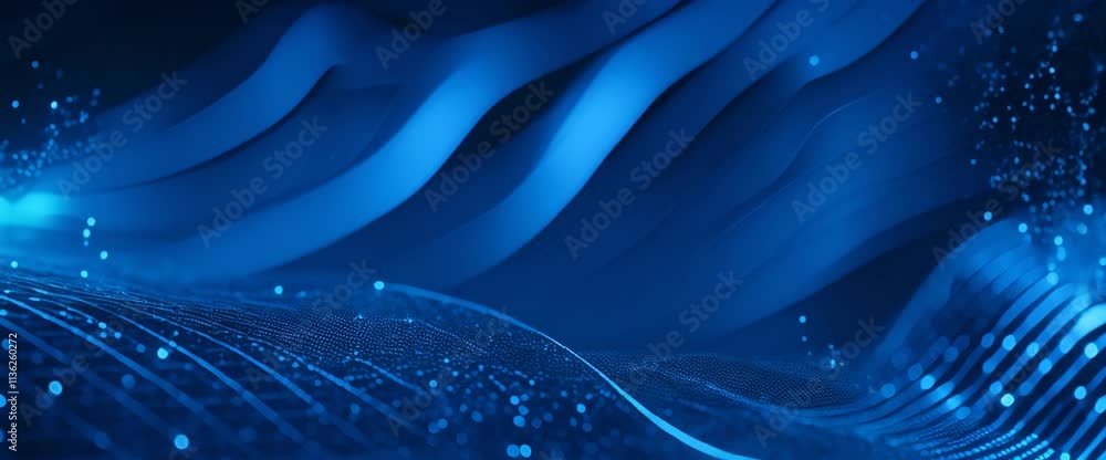 Poster abstract digital cyber wave made of blue particles and dots on a dark background big data visualizat