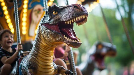 Child Enjoying Fun Ride on Dinosaur Carousel at Amusement Park