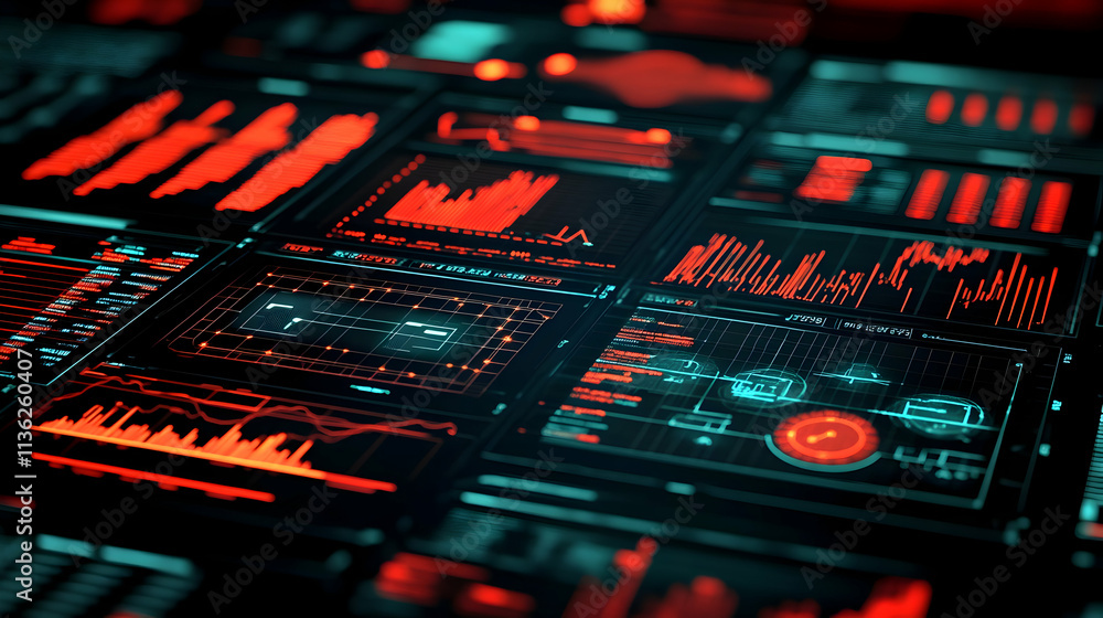 Poster close-up of a futuristic digital dashboard displaying various data graphs and charts in red and blue