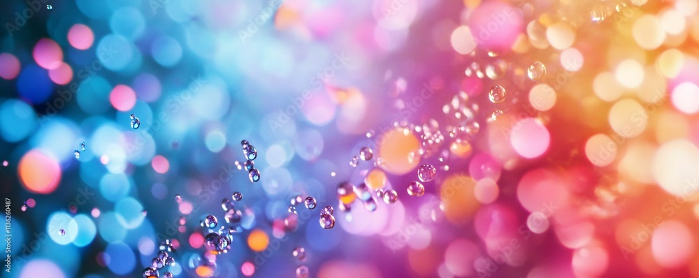 Poster Colorful water drops floating in a sparkling bokeh background